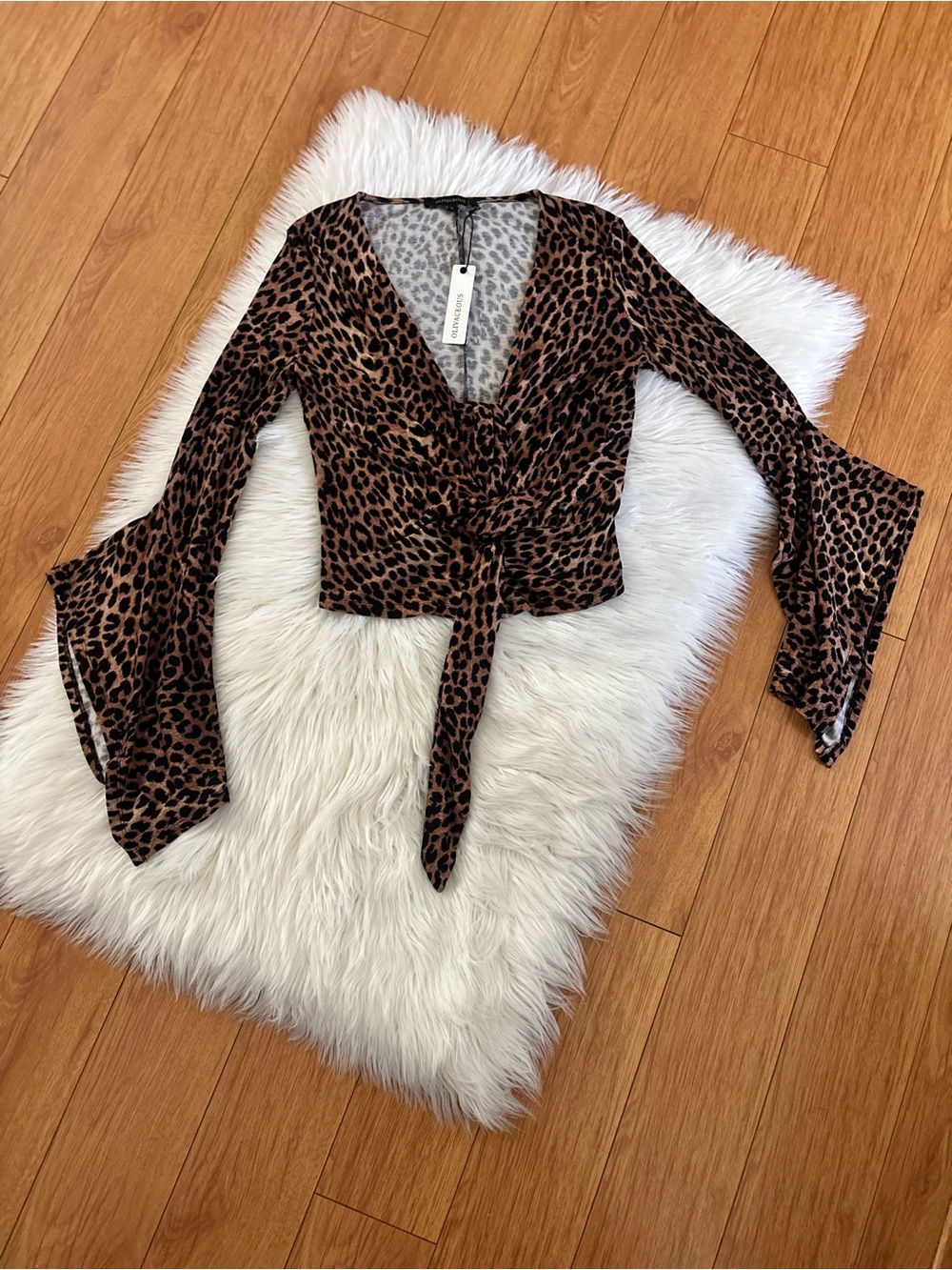 Olivaceous Bell Sleeve Leopard Print Top
